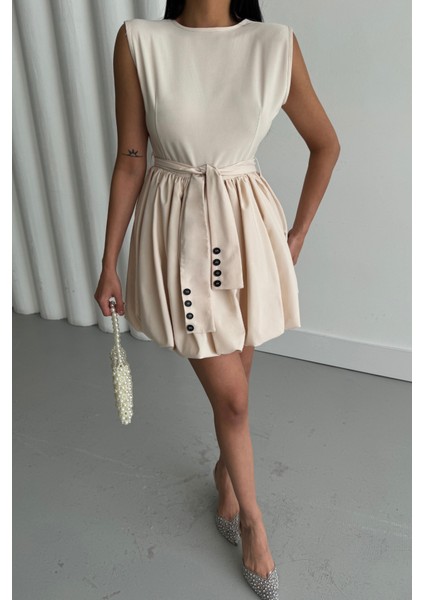 Balon Etekli Tasarım Kısa Elbise - Bej modelleri