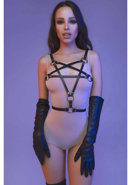 Göğüs Üzeri Pentagram Sembollü Deri Harness - BRF821