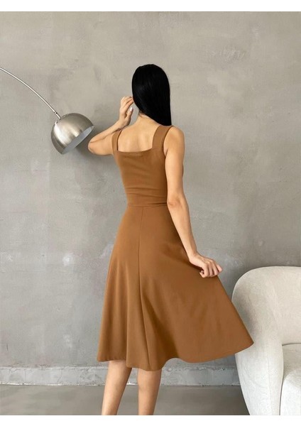 Askılı Kalp Yaka Midi Boy Krep Kumaş Abiye Elbise 582187 Vizon fiyatları