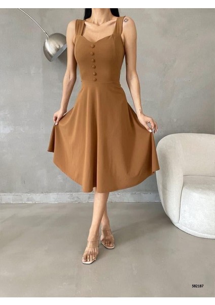 Askılı Kalp Yaka Midi Boy Krep Kumaş Abiye Elbise 582187 Vizon modelleri