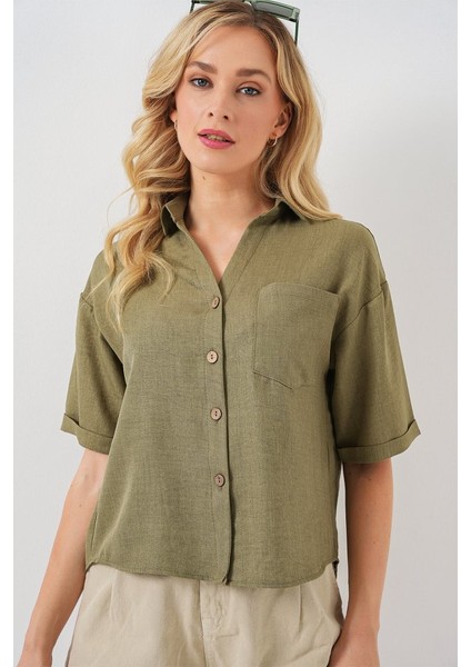 Keten Görünümlü Crop Gömlek 20339 - Çağla fırsatları