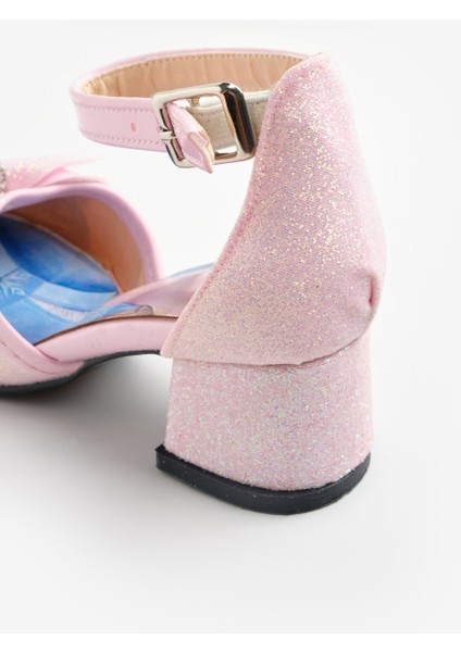 Pembe Simli Fiyonklu Kız Çocuk Topuklu Ayakkabı