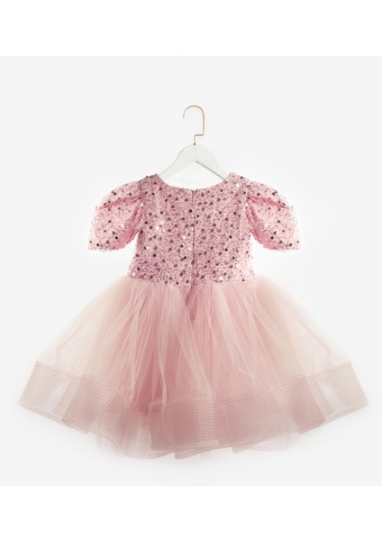 Pudra Boncuklu Pullu Kız Çocuk Elbise - Gloria