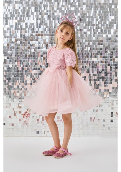 Pudra Boncuklu Pullu Kız Çocuk Elbise - Gloria