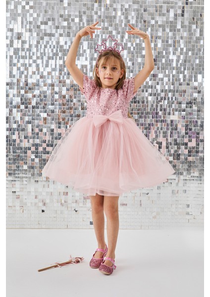 Pudra Boncuklu Pullu Kız Çocuk Elbise - Gloria