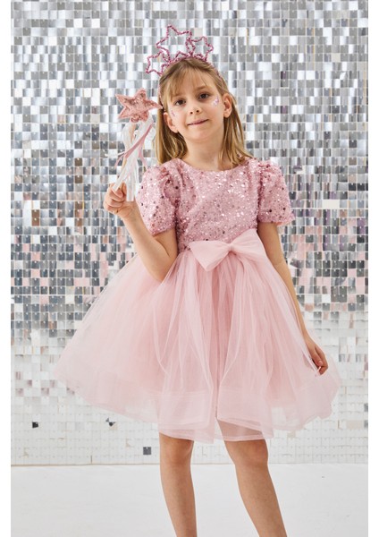 Pudra Boncuklu Pullu Kız Çocuk Elbise - Gloria
