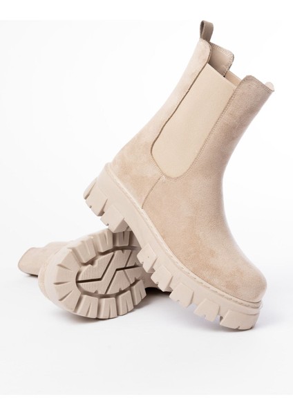 FZ-299 Bej Süet Yüksek Tabanlı Lastikli Günlük Kadın Bot
