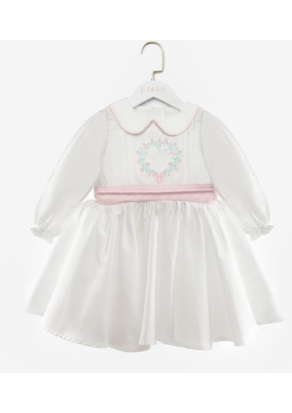 Beyaz Uzun Kollu Çiçek Nakışlı Kız Çocuk Elbise - Rina indirimleri