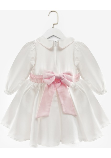 Beyaz Uzun Kollu Çiçek Nakışlı Kız Çocuk Elbise - Rina