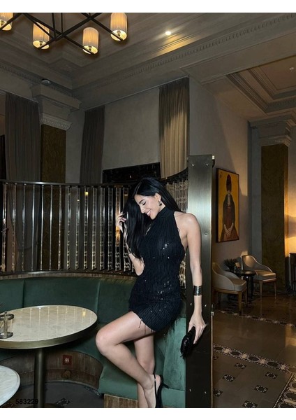 Kadın Pul Payet Kumaş Halter Yaka Mini Elbise indirimleri