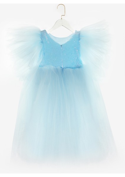 Mavi Önü Pullu Kız Çocuk Tül Elbise - Halsey