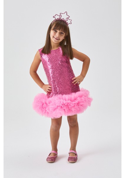 Fuşya Etek Ucu Tüllü Pullu Kız Çocuk Elbise - Evie