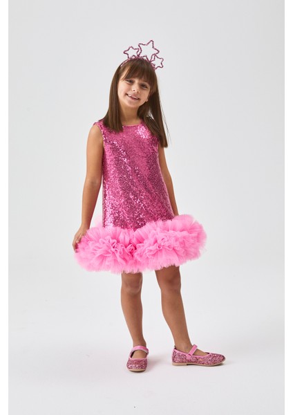 Fuşya Etek Ucu Tüllü Pullu Kız Çocuk Elbise - Evie