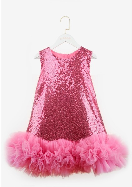 Fuşya Etek Ucu Tüllü Pullu Kız Çocuk Elbise - Evie