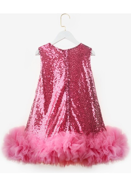 Fuşya Etek Ucu Tüllü Pullu Kız Çocuk Elbise - Evie