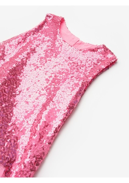 Fuşya Etek Ucu Tüllü Pullu Kız Çocuk Elbise - Evie