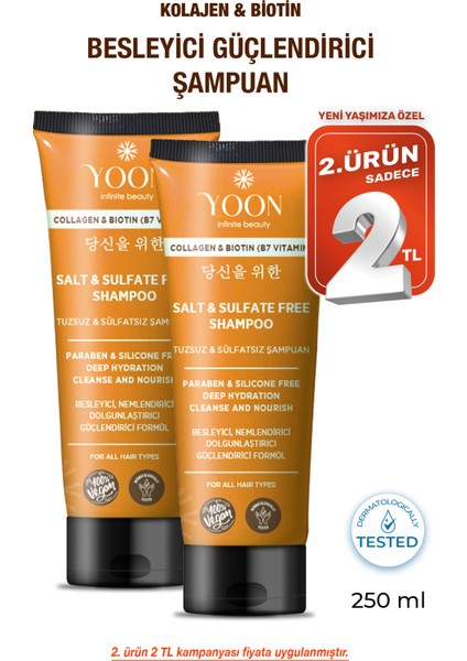 2'li Sülfatsız ve Tuzsuz Şampuan, Kolajen, Biotin B7, Içerikli Parabensiz Vegan Şampuan 2 Adet x 250ML