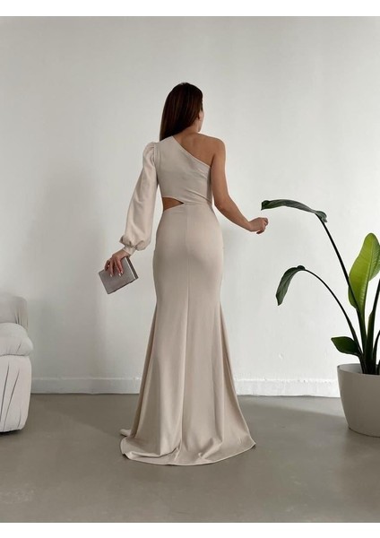 Tek Kol Derin Yırtmaçlı Krep Gece Elbisesi Abiye 582286 Bej fiyatları