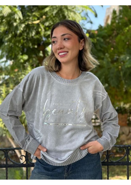 NC50793 Italyan Beauty Yazılı Coton Sweatshirt Gri