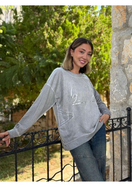 NC50793 Italyan Beauty Yazılı Coton Sweatshirt Gri modelleri