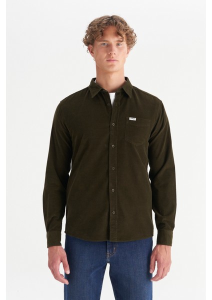 %100 Pamuk Regular Fit Normal Kesim Klasik Yaka Cepli Kadife Gömlek