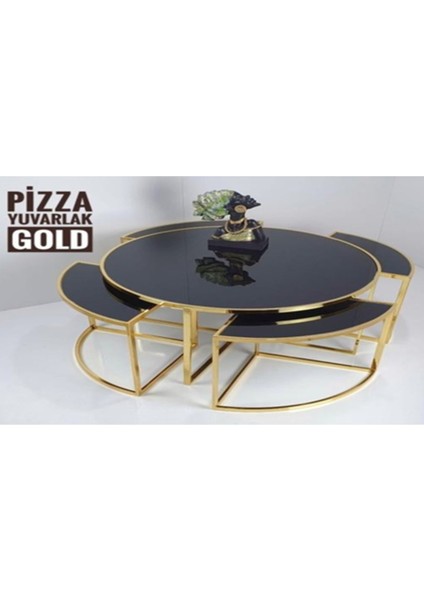 Orta Sehpa Pizza 4 1 Gold Kaplama Siyah Temperli Camlı