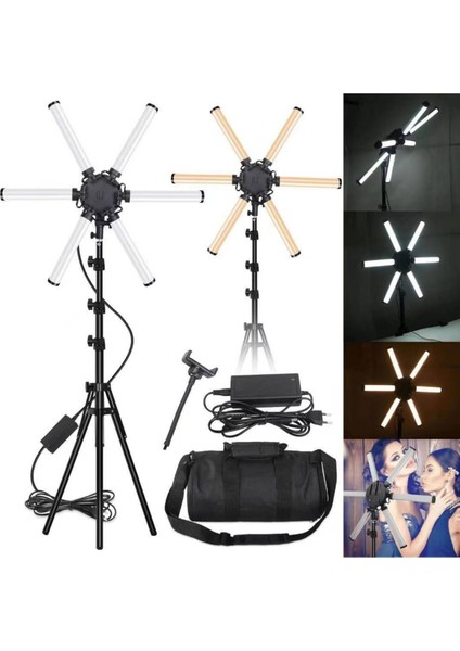 6 Kanatlı Katlanabilir LED Işık – 3200K-5600K Renk Ayarı, Tripod ve Taşıma Çantası Dahil -2.10 cm Tripod Ayak Canlı Yayın Çekim Işığı