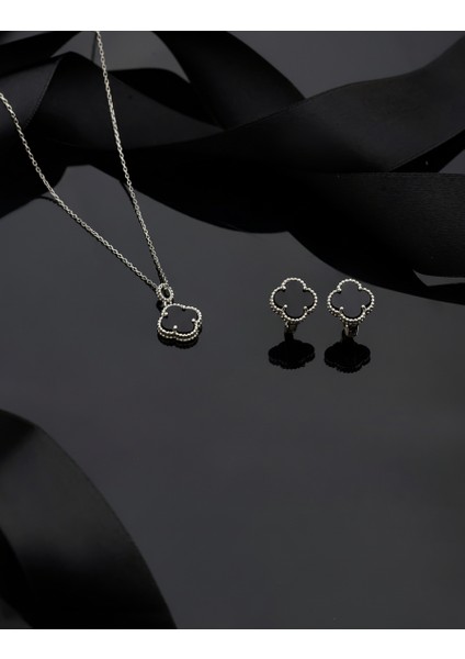 925 Ayar Oniks Taşlı Rodyum Yonca Kolye Küpe 2'li Gümüş Set-Takım (Ayarlanabilir)