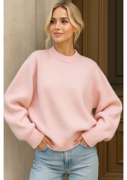 Kadın Pembe Oversize Bisiklet Yaka Triko Kazak fiyatları