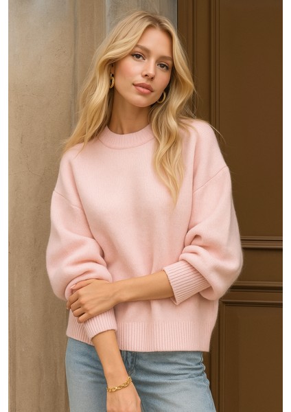 Kadın Pembe Oversize Bisiklet Yaka Triko Kazak fırsatları