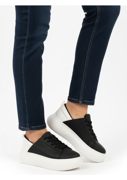 Siyah Beyaz Kalın Taban Bağcıklı Unisex Spor Ayakkabı Oz-03 Z