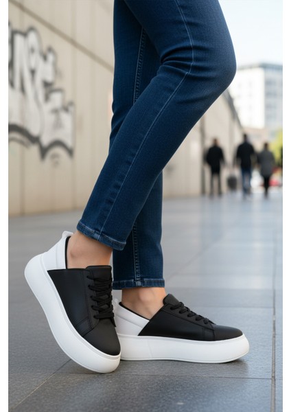 Siyah Beyaz Kalın Taban Bağcıklı Unisex Spor Ayakkabı Oz-03 Z modelleri
