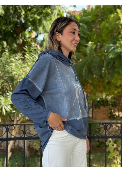 NC8533C Italyan Joy Taşlı Kapüşonlu Coton Sweatshirt Mavi