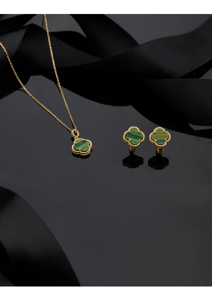 925 Ayar Yeşil Kaplangözü Taşlı Gold Yonca Kolye Küpe 2'li Gümüş Set-Takım (Ayarlanabilir)