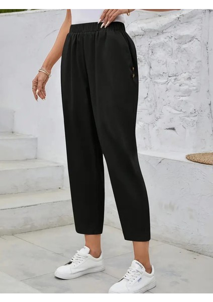 Kadın Yüksek Bel Yandan Cepli Düğme Detaylı Geniş Kesim Ithal Krep Pantolon fırsatları