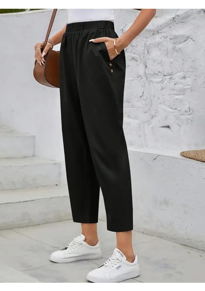 Kadın Yüksek Bel Yandan Cepli Düğme Detaylı Geniş Kesim Ithal Krep Pantolon