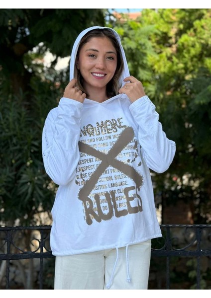 NC59085 Italyan Yazı Baskılı Kol Zımbalı Kapişonlu Sweatshirt Beyaz fırsatları