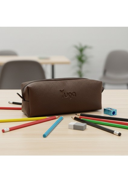 Tek Gözlü Suni Deri Kalem Çantası Kahverengi