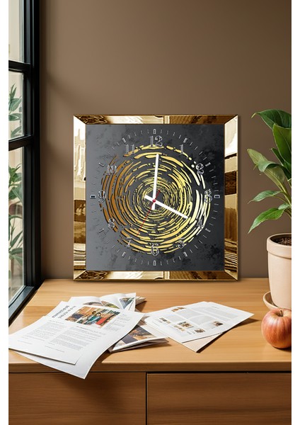 Gold Çerçeveli Modern Sarı Spiral Temalı Dekoratif Mdf Duvar Saati