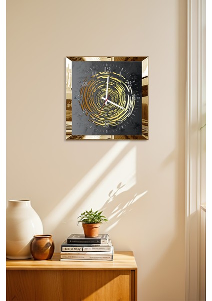 Gold Çerçeveli Modern Sarı Spiral Temalı Dekoratif Mdf Duvar Saati modelleri