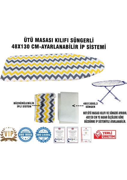 Ütü Masası Kılıfı Vip 48X130 Cm-Süngerli Ütü Bezi Ütü Masası Bezi-Sarı Gri Zikzak