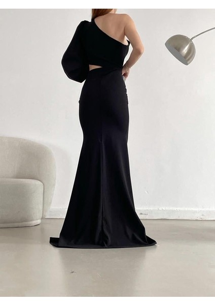 Tek Kol Derin Yırtmaçlı Krep Gece Elbisesi Abiye 582286 Siyah fiyatları