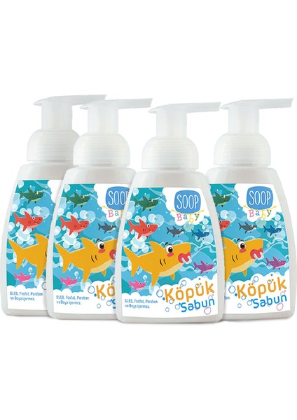 Bebek Köpük Sabun Pudra Kokulu | Vegan Hipoalerjenik | Eğlenceli Köpük Form -Shark 4 x 300 ML