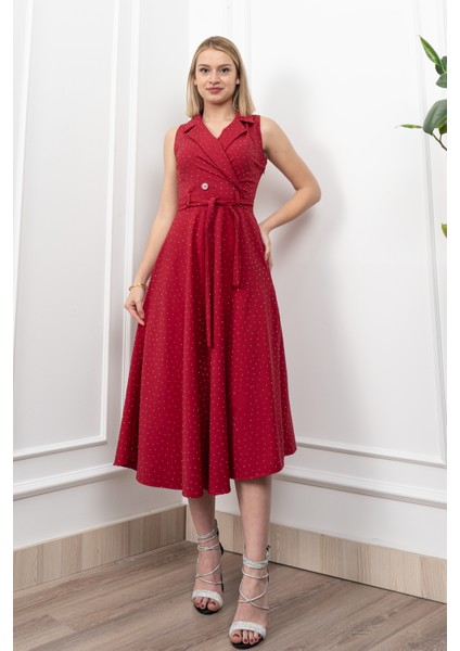 Beli Kuşaklı Yakalı ve Taş Detaylı Uzun Elbise 50338