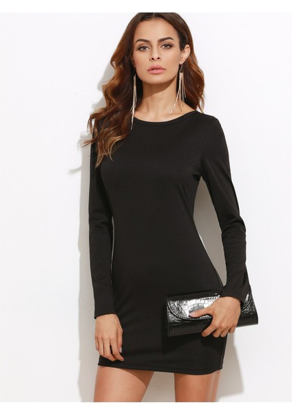 B101321 Sırt Dekolteli Uzun Kollu Mini Elbise modelleri