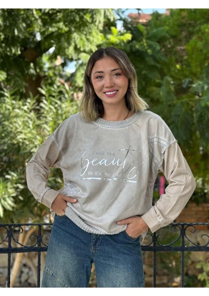 NC50793 Italyan Beauty Yazılı Coton Sweatshirt Krem