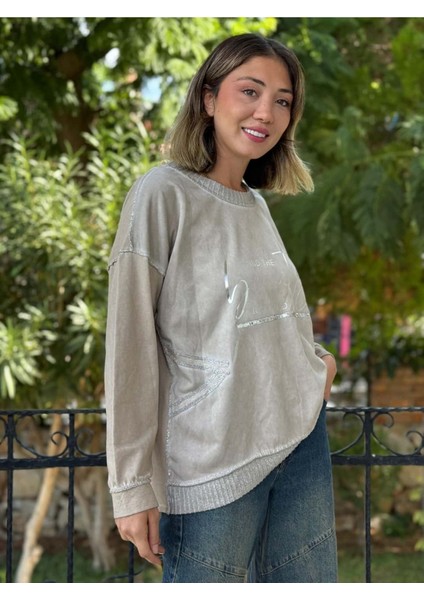 NC50793 Italyan Beauty Yazılı Coton Sweatshirt Krem modelleri