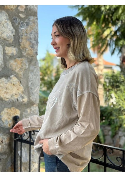 NC50793 Italyan Beauty Yazılı Coton Sweatshirt Krem fırsatları