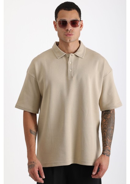 Yaka ve Kol Dikiş Detaylı Double Pike Kumaş Loose Fit Erkek Polo Yaka Tişört