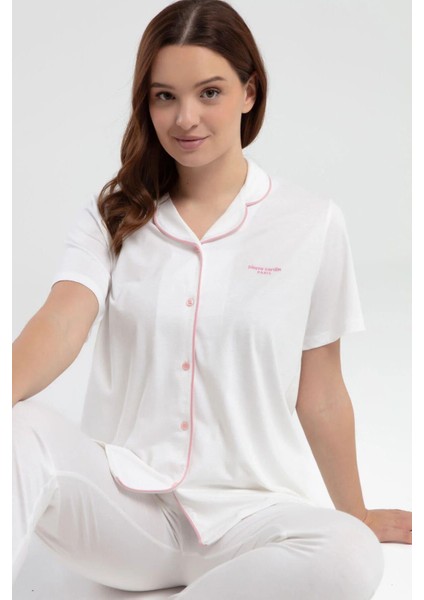 7715 Kadın Kısa Kollu Gömlek Pijama Takımı-Krem